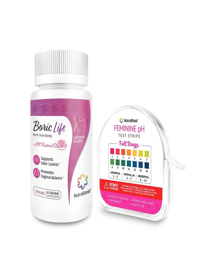 NutraBlast Boric Acid Vaginal Suppositories 600mg (30 Count) & Feminine pH Test Strips 1-14 (100-Tests Roll) | Monitor Feminine Intimate Health | Acidity & Alkalinity Balance - Image 1